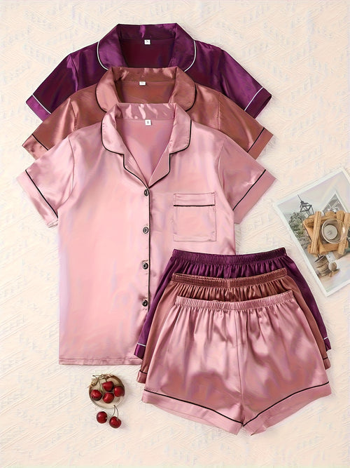 Women's Coffee + Purple + Pink Satin Short-Sleeve Shorts - product view 1