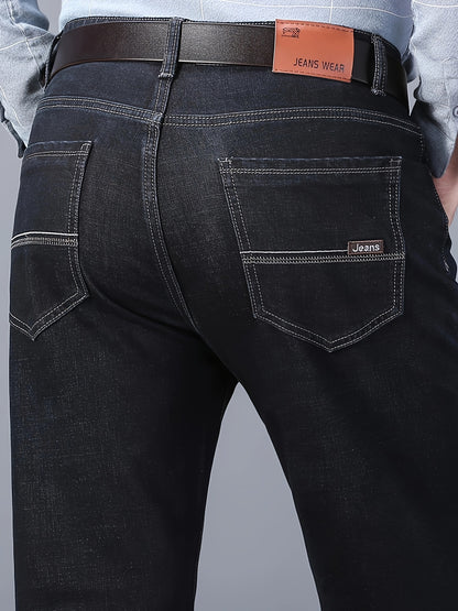Men's Classic Straight-Leg Stretch Denim Jeans - Water-Washed Black Casual & Business Casual Pants, All-Season Machine Washable Regular Fit