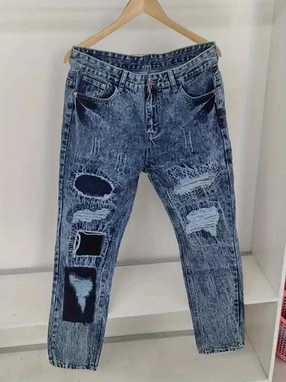 American High Street Light Embroidered Hole Patch Color Matching Trend Casual Straight Jeans - Denim - For Women & Men - Perfect for Casual Wear - Great Gift for Fashion Lovers