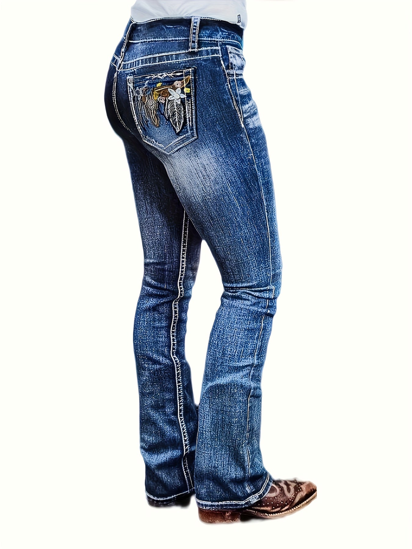 Women'S High-waisted Blue Slim-fit Flared Jeans | Vintage, Worn-in Look with Ethnic-style Embroidered Back Pockets, Soft, Stretchy, Machine-washable, Suitable for All Seasons