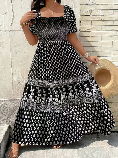 Plus Size - 1pc Spring Summer Mother'S Day Plus Size Women Elegant Bohemian Maxi Dress - Square Neck Puff Sleeve Smocked Bodice Floral Geometric Print Tiered Long Skirt Sophisticated Graceful Style For Vacation Beach Party Wear