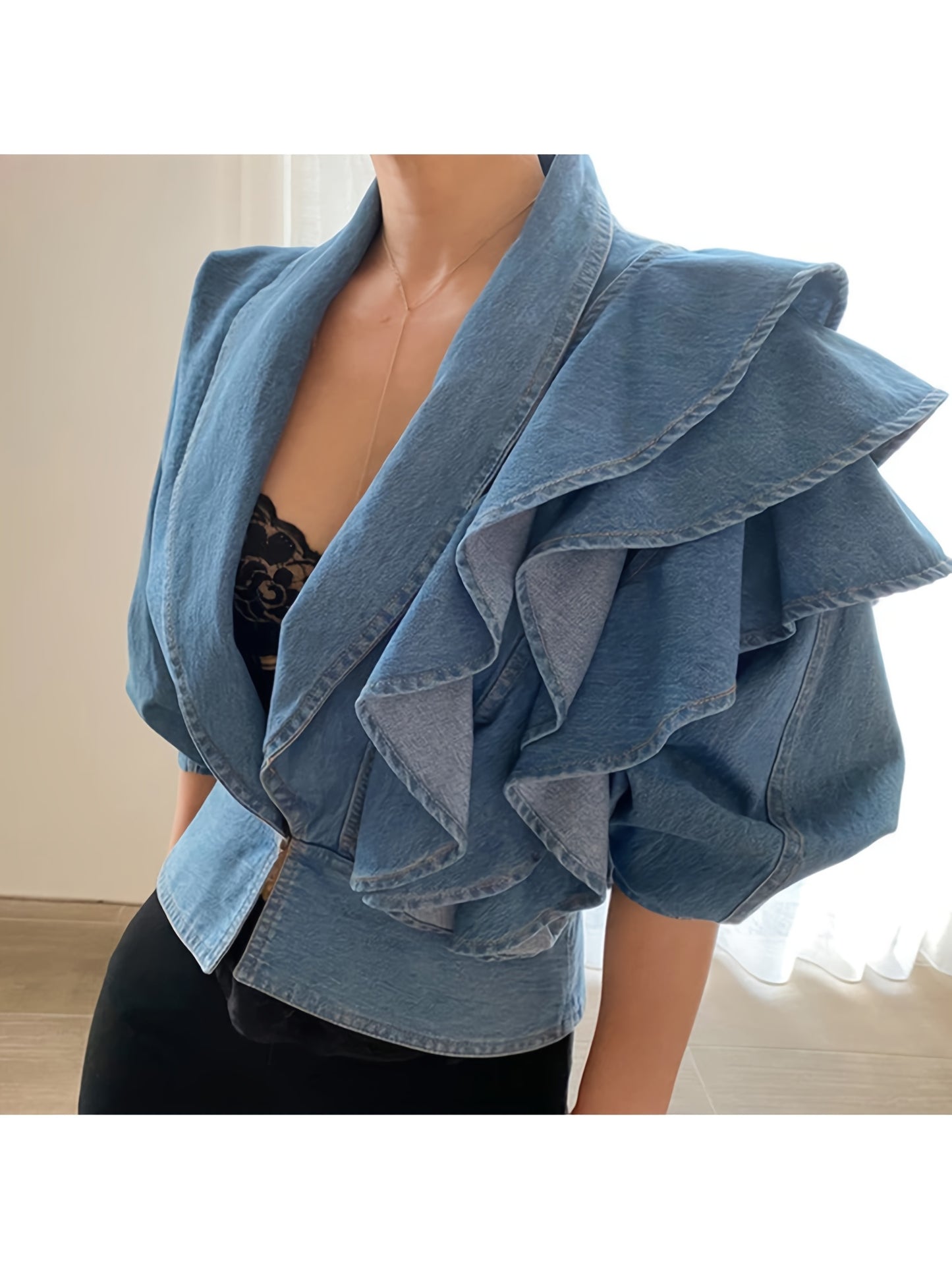 Women'S Washed Light Blue V-Neck Cropped Denim Jacket, Design Sense Ruffled Long Sleeve Waist Cinched Denim Cardigan