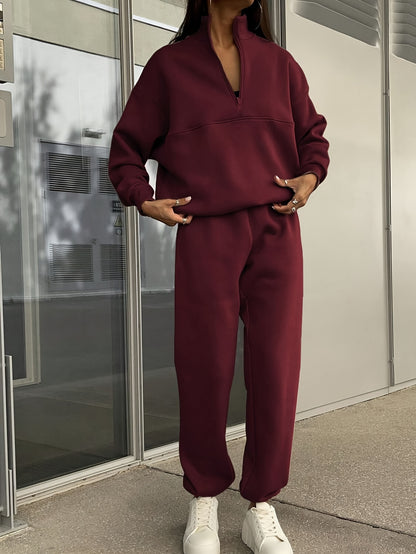Two-piece Autumn and Winter New Fashion Zip-up Lapel Solid Color Casual Suit, SCACTO