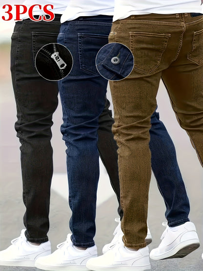 3pcs Men's Slim Fit Jeans - Heavy- Washed Streetwear Pants Suitable for All Seasons, Stretchable Basic Style with Washed, Year-Round Wear for Casual & -Casual Outfits