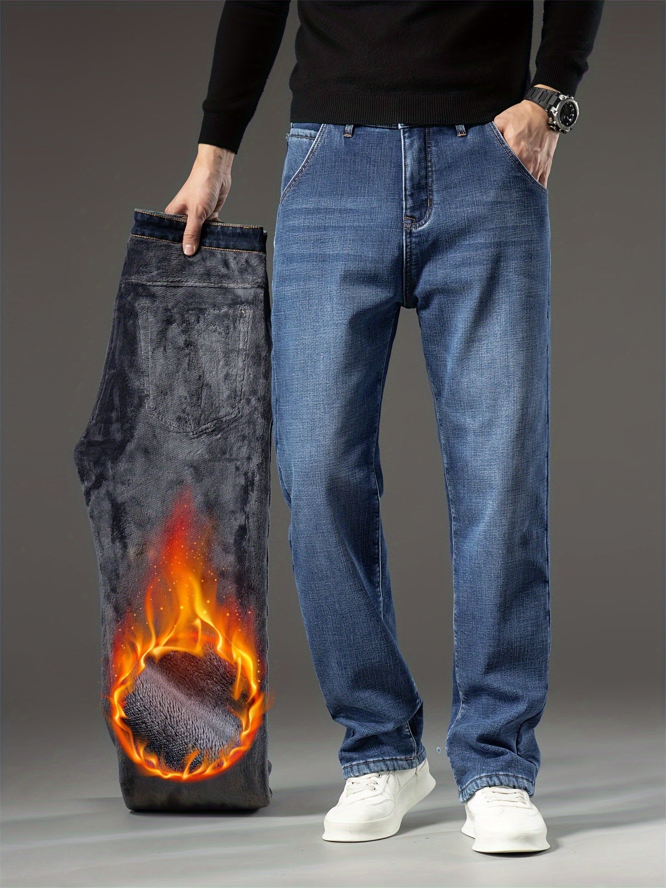 Men's Warm Fleece Stretch Jeans, Loose Casual Fleece Jeans, Straight Mid-waist Fashionable Versatile Jeans, Suitable For Daily, Business, Outdoor