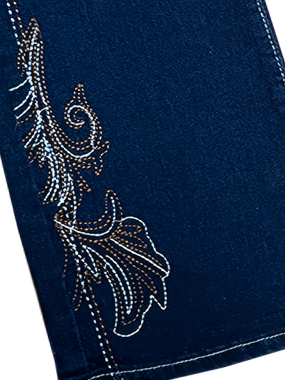 Women's Embroidered Bell-Bottom Stretch Mid to High Waist Blue Jeans