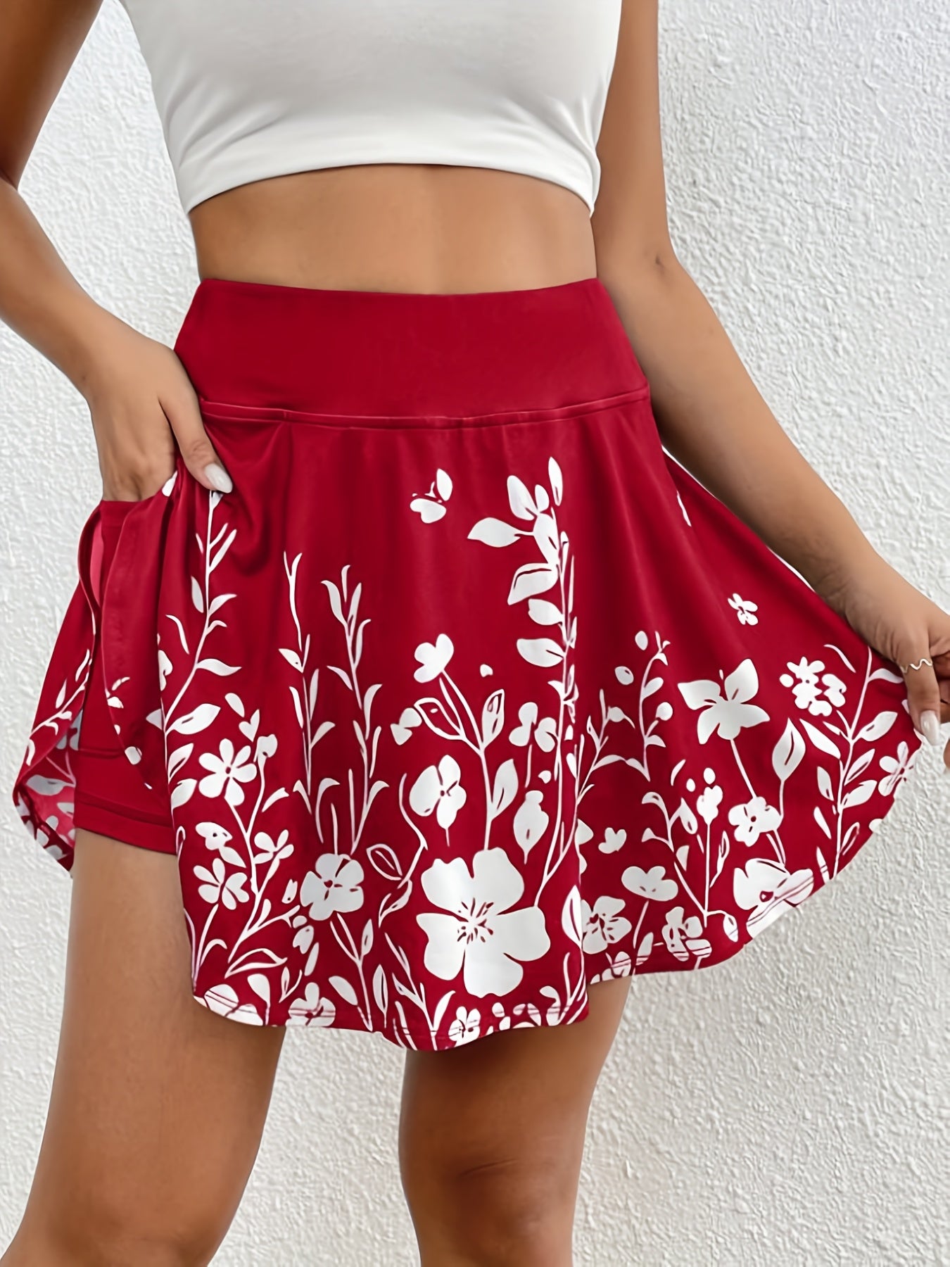 Women'S Summer Casual Solid Color High Waist Short Skirt Simple Floral Print Shorts Culottes With Pockets