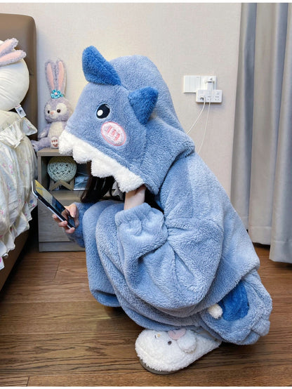 [Hooded Coral Fleece] Winter Jumpsuit Sleepwear, Cute And Sweet Shark Nightgown, Hooded Coral Fleece Thickened And Plush Cartoon Home Outfit