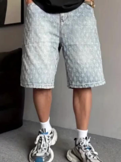 Men'S High-Street Fashion Distressed Knee-Length Denim Shorts - Relaxed Straight-Leg Fit with Geometric Embroidery, Machine Washable Summer Casual Shorts for Plus Size