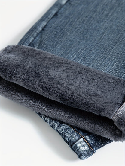 Men's Warm Fleece Stretch Jeans, Loose Casual Fleece Jeans, Straight Mid-waist Fashionable Versatile Jeans, Suitable For Daily, Business, Outdoor