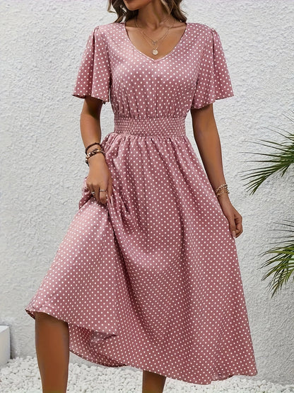 Stylish Pink Polka Dot Midi Dress for Ladies - Casual V-Neck, Ruffled Sleeves, Fitted Waist Design, Made from Lightweight, Ideal for Spring And Summer, Machine Washable