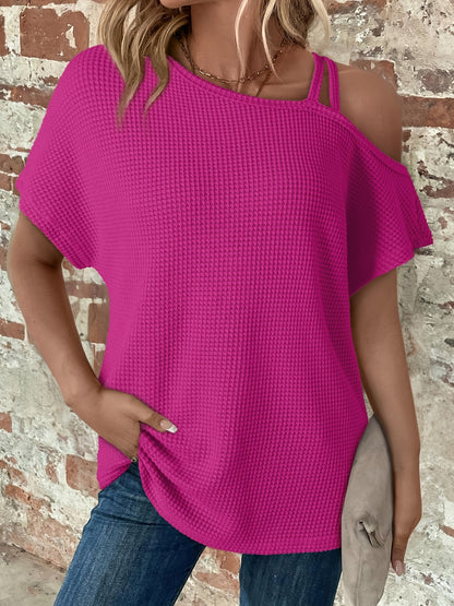 Women'S Summer Off Shoulder Waffle Short Sleeve T-Shirt Solid Color Top