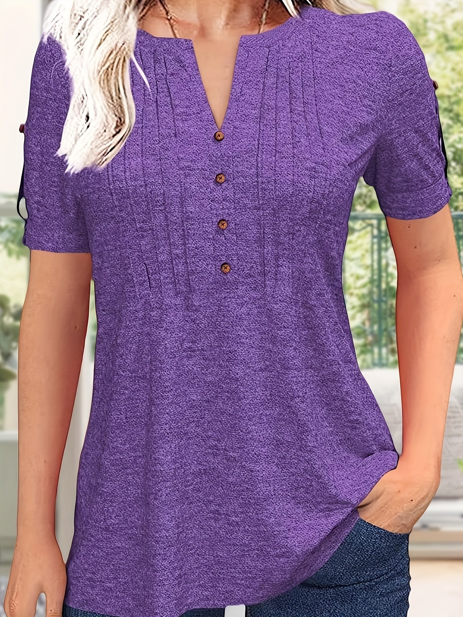 Women's Green Viscose V-Neck Pleated T-Shirt - product view 8
