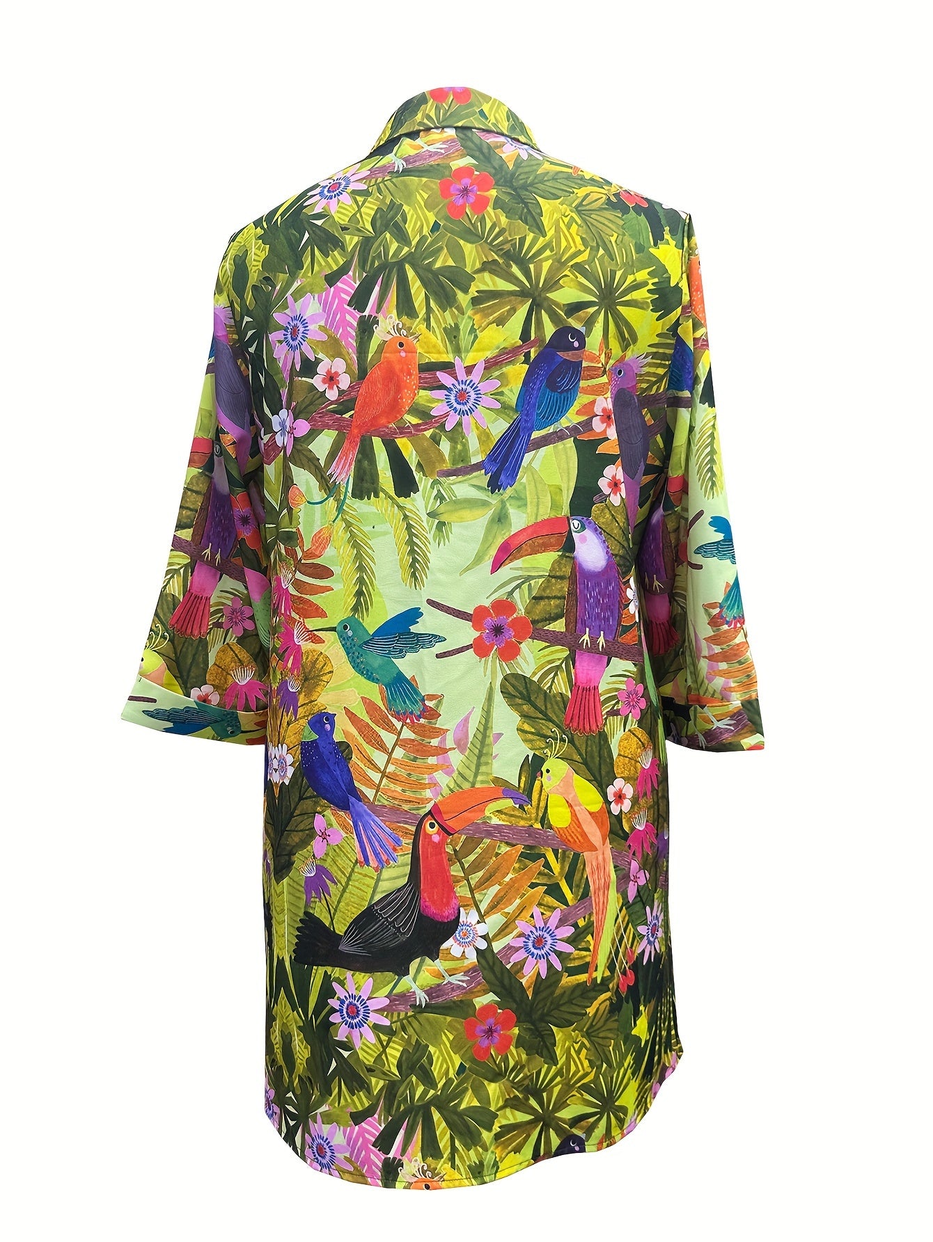 Plus Size Plant Print Button Front Loose Dress, Casual Collared Long Sleeve Dress For Spring & Fall, Women'S Plus Size Clothing