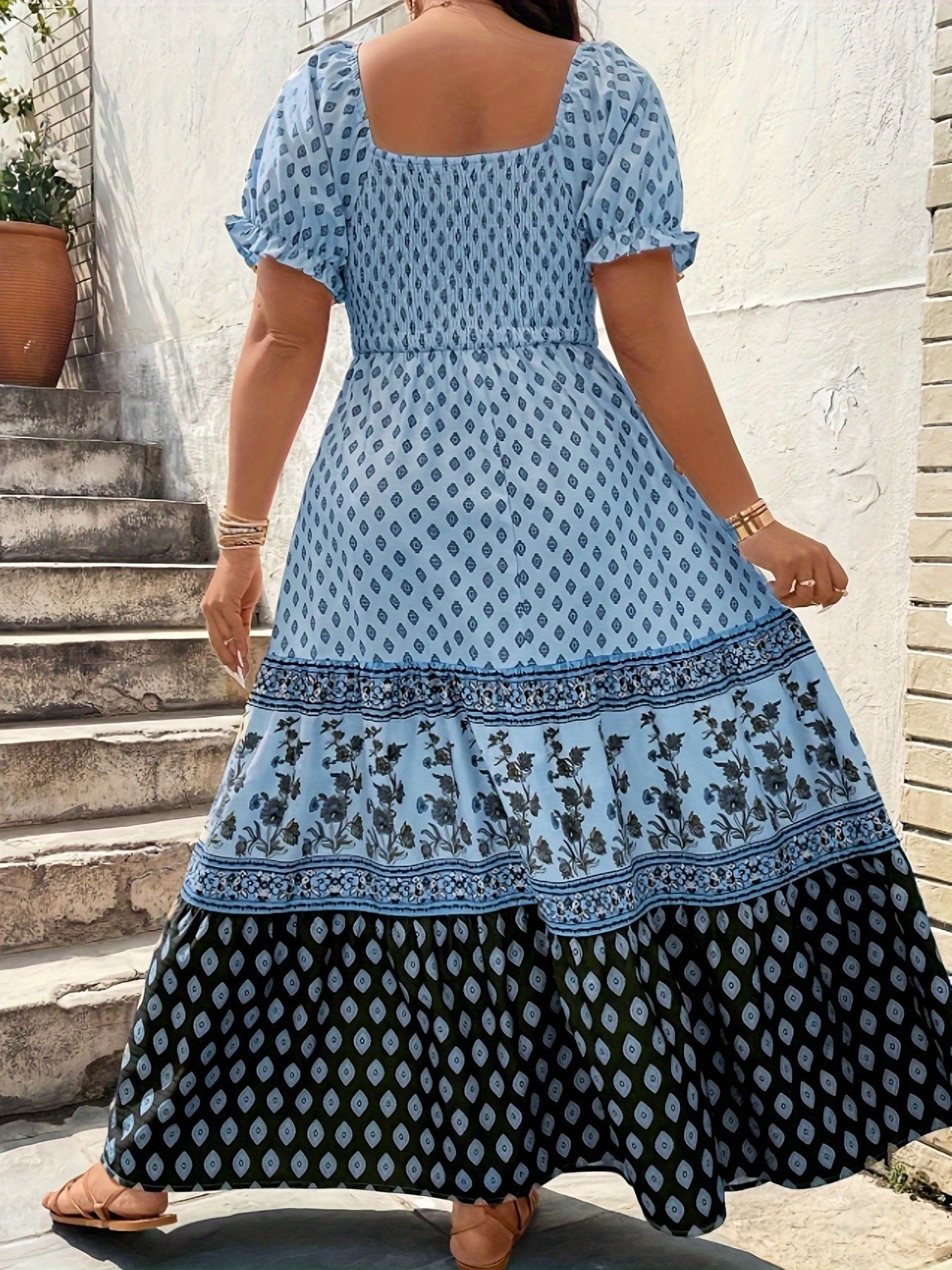 Plus Size - 1pc Spring Summer Mother'S Day Plus Size Women Elegant Bohemian Maxi Dress - Square Neck Puff Sleeve Smocked Bodice Floral Geometric Print Tiered Long Skirt Sophisticated Graceful Style For Vacation Beach Party Wear