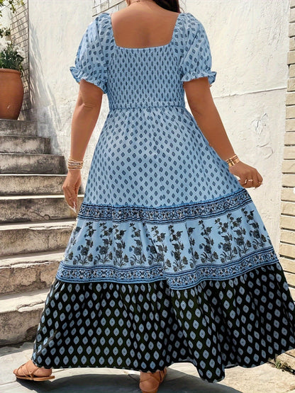Plus Size - 1pc Spring Summer Mother'S Day Plus Size Women Elegant Bohemian Maxi Dress - Square Neck Puff Sleeve Smocked Bodice Floral Geometric Print Tiered Long Skirt Sophisticated Graceful Style For Vacation Beach Party Wear
