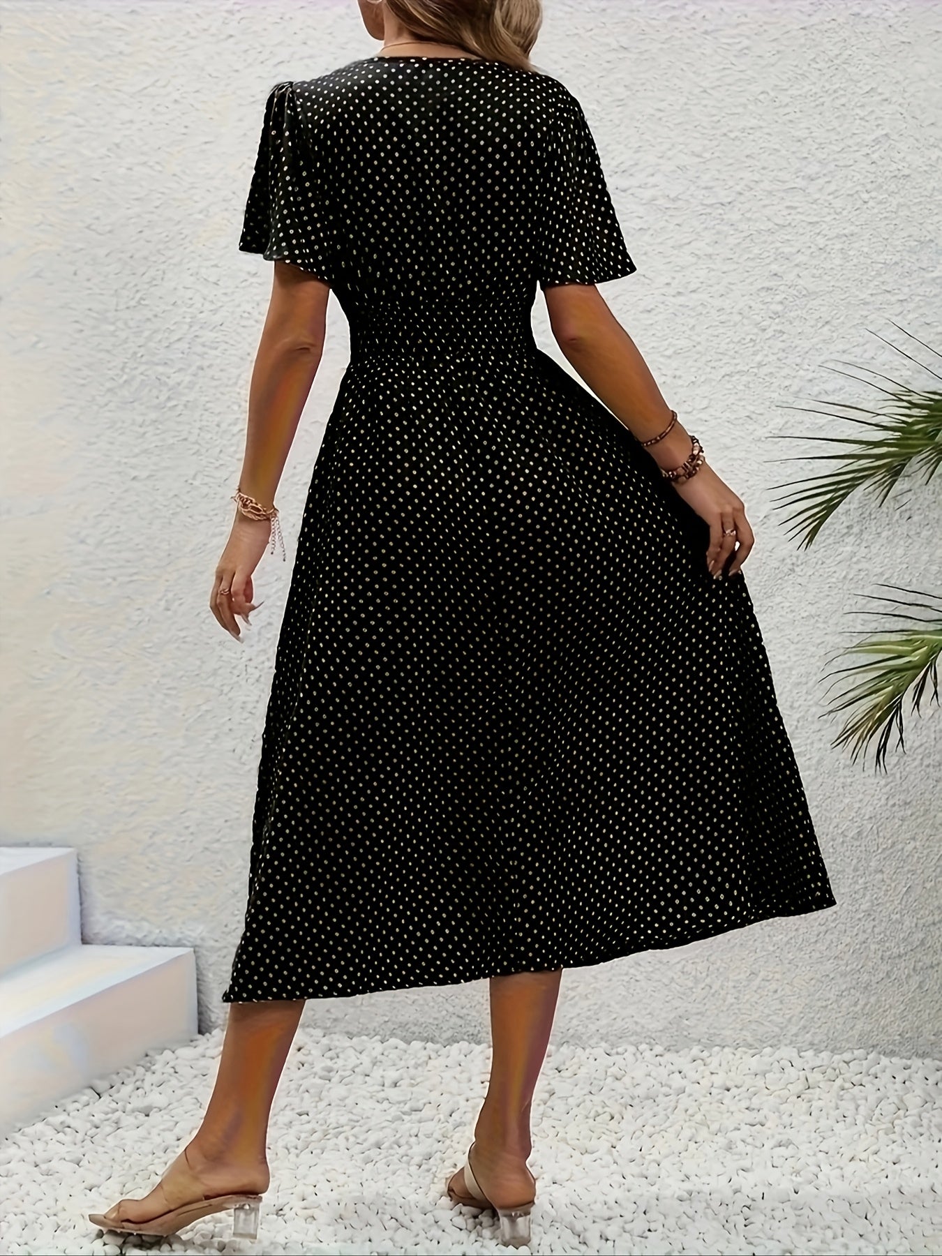 Stylish Pink Polka Dot Midi Dress for Ladies - Casual V-Neck, Ruffled Sleeves, Fitted Waist Design, Made from Lightweight, Ideal for Spring And Summer, Machine Washable