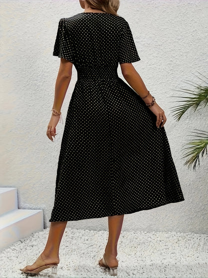Stylish Pink Polka Dot Midi Dress for Ladies - Casual V-Neck, Ruffled Sleeves, Fitted Waist Design, Made from Lightweight, Ideal for Spring And Summer, Machine Washable