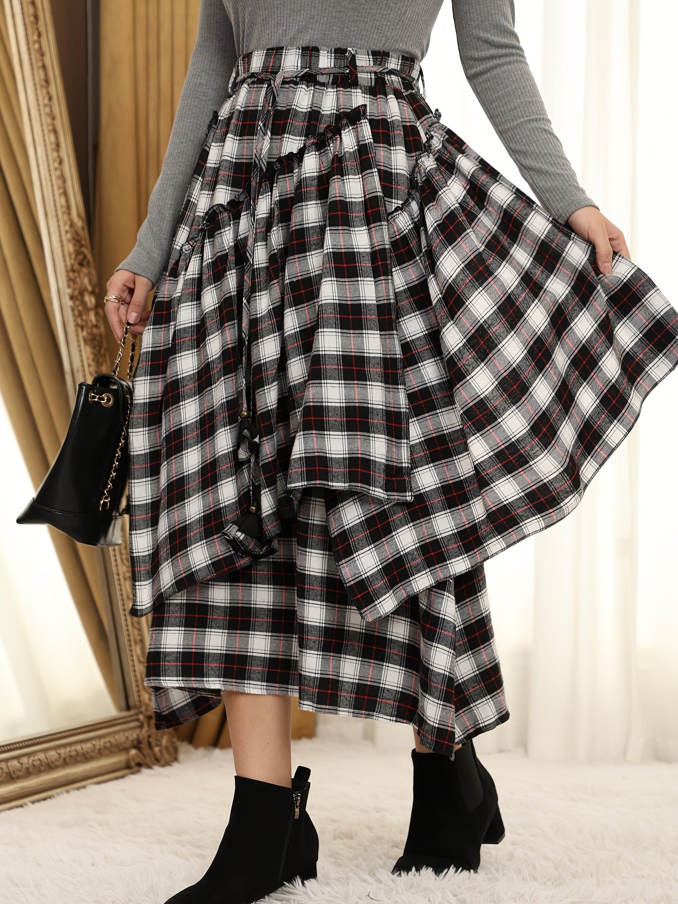 Victorian Gothic Handmade Fringe Plaid Skirt 2025 | Asymmetric Ruffle High-Waist Beach Skirt | Elastic Waist Multi-Layer Vacation Dress | Spring Summer Sweet Style Ladies Gift