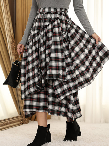 Victorian Gothic Handmade Fringe Plaid Skirt 2025 | Asymmetric Ruffle High-Waist Beach Skirt | Elastic Waist Multi-Layer Vacation Dress | Spring Summer Sweet Style Ladies Gift