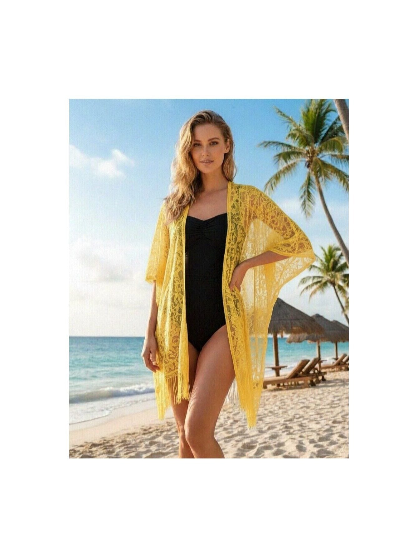 Woman's Plus Size Boho Cover Up, Lace Kimono, Women's Plus Floral Lace Batwing Sleeve Cover-Up, Open Front Tassel Trim Kimono, Lightweight Beach Cover Up