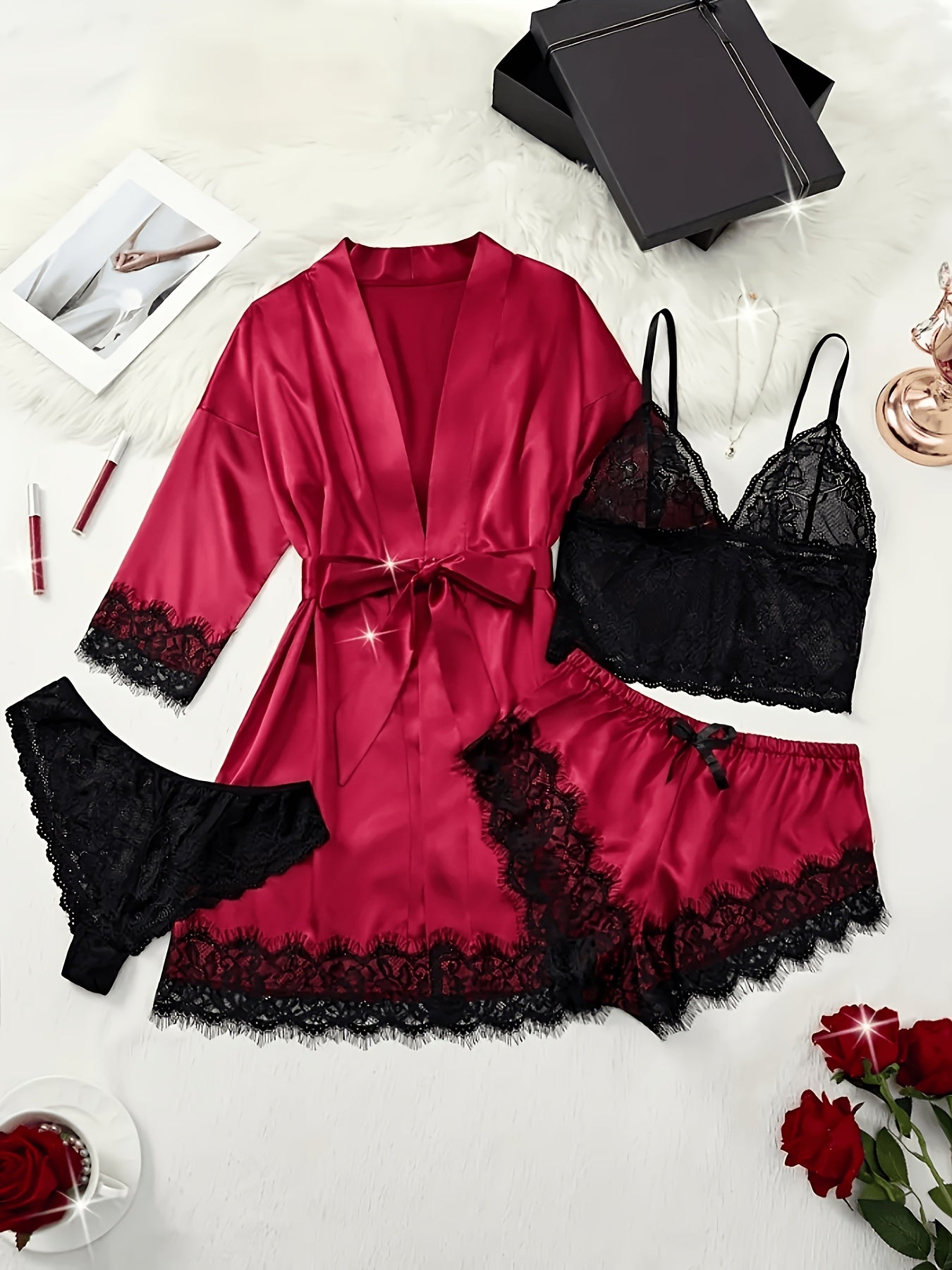 Women's Satin Fabric Pajama Set, Floral Lace Camisole Sleepwear and Robe 4pcs Set, Sexy Plus Size Nightwear with Pants and Belt, Loungewear