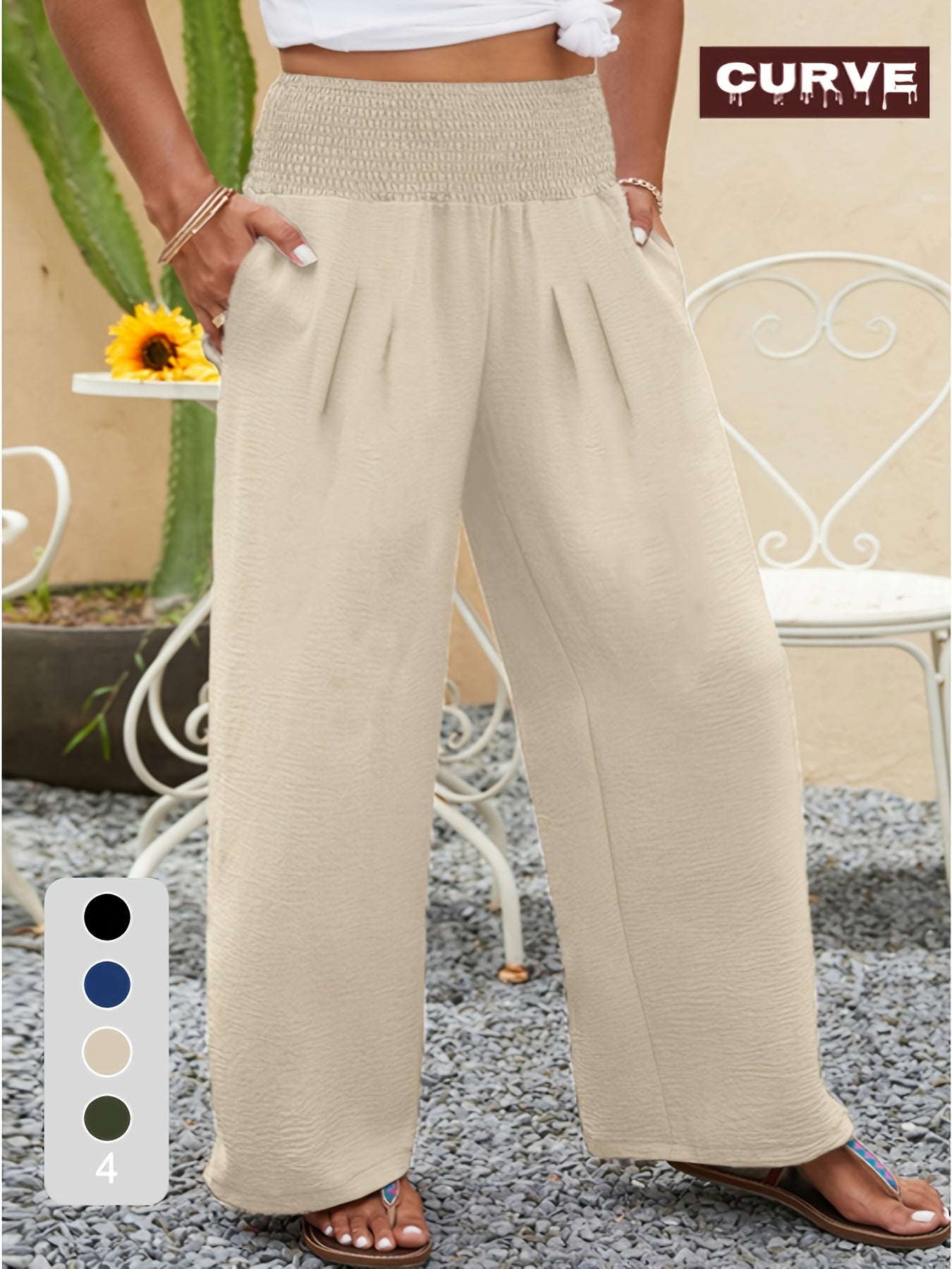 Plus Size, Chic High-Waisted Wide Leg Trousers | Plus-Size Military Green Casual Pants for Women - Spring, Summer And Autumn Comfort with Elastic