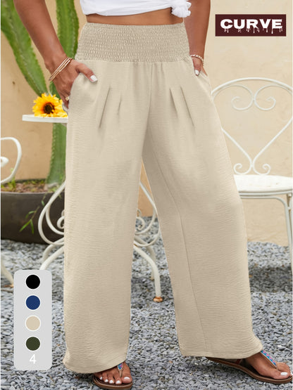 Plus Size, Chic High-Waisted Wide Leg Trousers | Plus-Size Military Green Casual Pants for Women - Spring, Summer And Autumn Comfort with Elastic