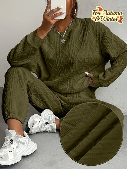 Women'S Sweatshirt Ensemble for Autumn/Winter 2025 - Featuring a Solid Color, Cable Patchwork, Long Sleeve Crew Neck Top And Cuffed Pants in a Two-Piece Outfit, Including a Pullover And Sweater, Perfect for Christmas And Fall