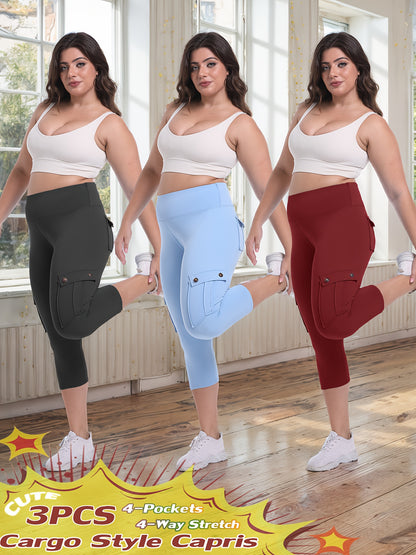 3-packs High Waist Yoga Capri Pants 3pcs Capri Pants Set, 4 Way Stretch Butt Lifting Tummy Control, 4 Button Pockets Workout Running Sports Pants