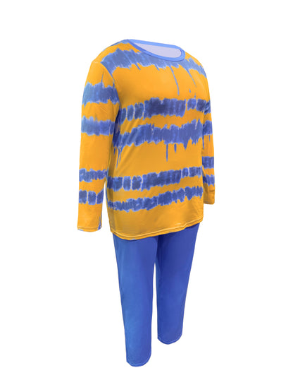 Plus Size - Plus-size Fashion Tie-dye Striped Print Long-sleeved Trousers Suit, Suitable For Going Out