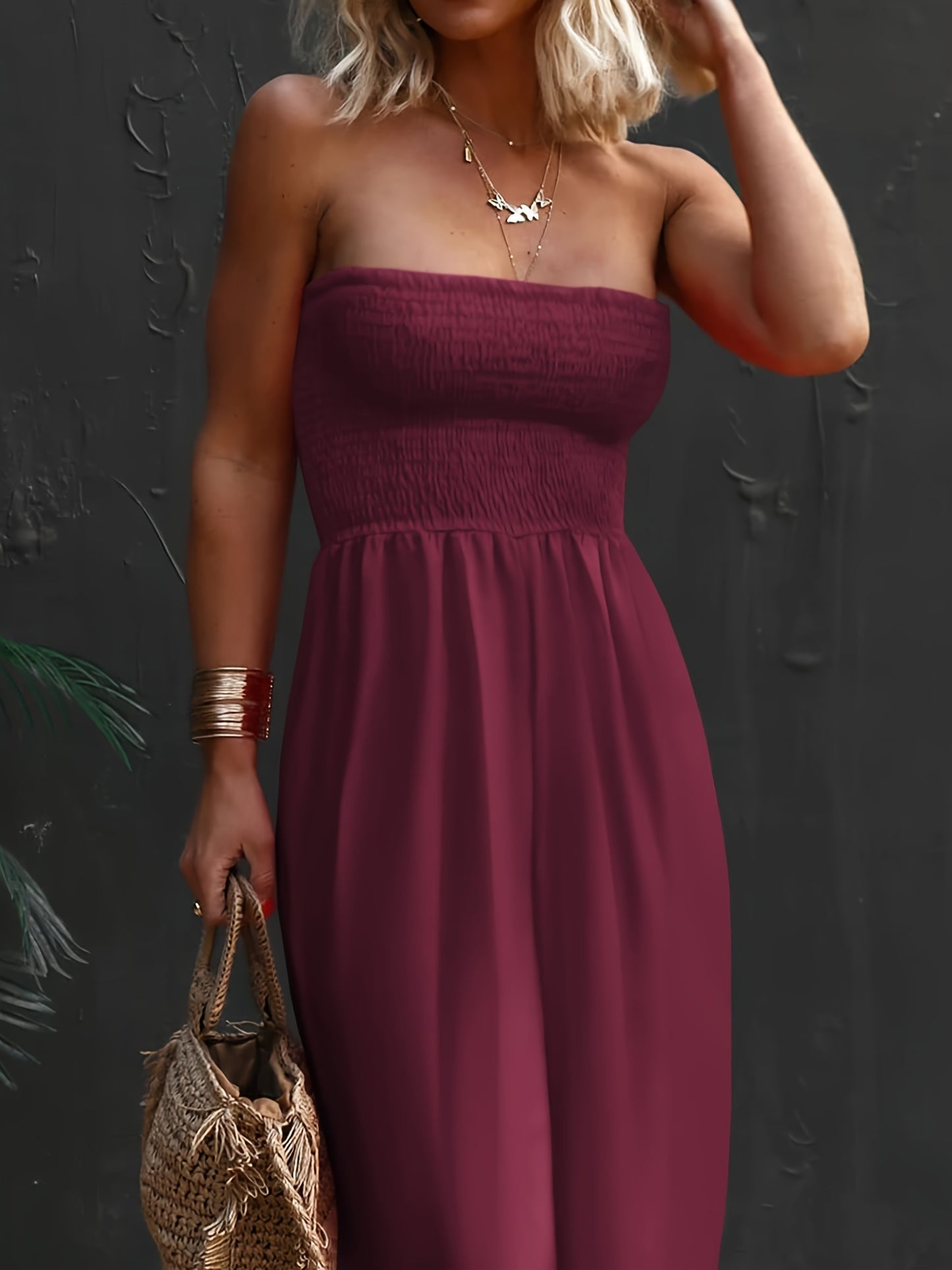 Womens Sleeveless Strapless Wide Leg Jumpsuits Summer Casual Loose Smocked Chiffon Jumpsuit Rompers with Pockets