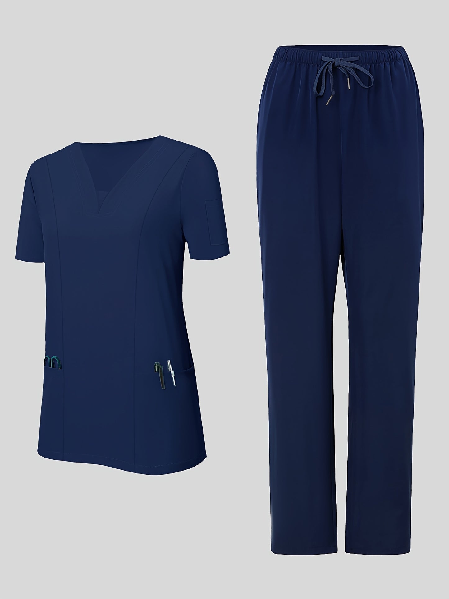 2pcs Women's Breathable V-Neck Work Uniform - Machine Washable Pocket Detail Matching Top & Pants, Casual Work Clothes Suitable for Work Uniforms, Healthcare, Education, Retail - Comfortable Professional Attire