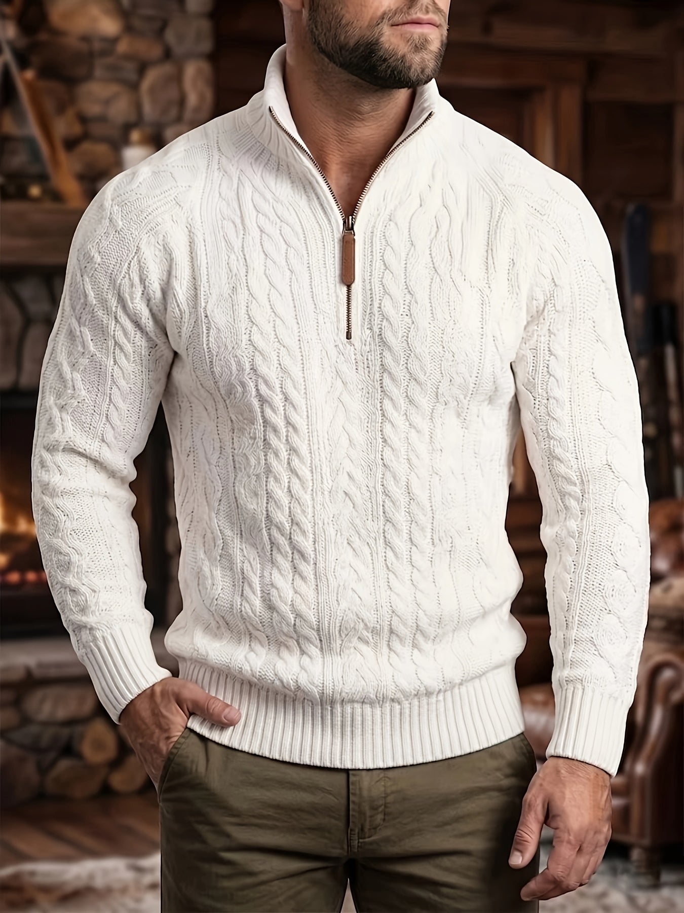 Trendy Half-Zippered Stand-Collar Warm Knitted Sweater with Hemp Pattern