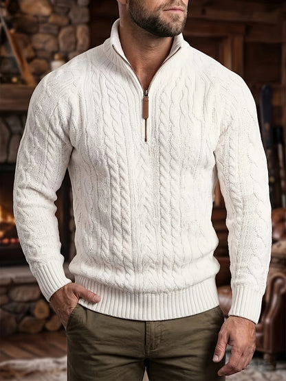 Trendy Half-Zippered Stand-Collar Warm Knitted Sweater with Hemp Pattern