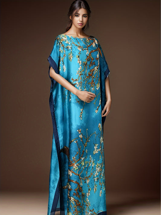 2pcs Elegant Batwing Sleeve Kaftan Set with Floral Print - Loose Fit, Asymmetrical Design, Perfect for All Seasons, Allseason Outfit|Floral Print Kaftan|Asymmetrical Hemline, Kaftan Dress