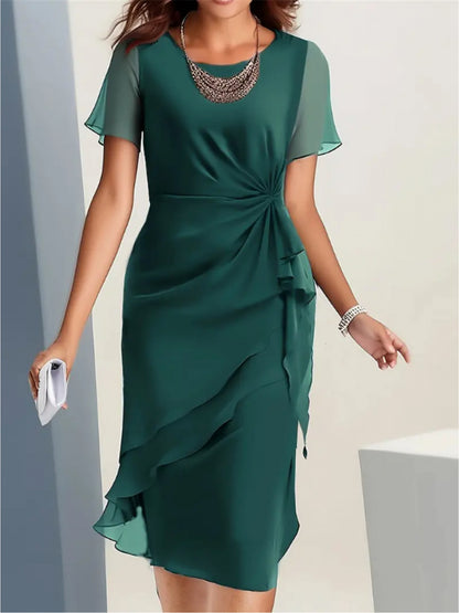 Summer Patchwork Chiffon Women'S Slim-Fit Dress - Round Neck, Short Sleeve, Mid-Length, Waist Twist Design, Asymmetrical Ruffle Hem, Elegant Party Outfit, Suitable for Wedding Guests Or Evening Events