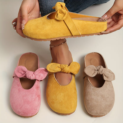 [Slip-On Mules Bow Detail] Women's Slip-On Mules with Thick Cushioned Soles And Bow Detail - Soft Fabric Upper, Breathable PU Lining, Sole - All-Season Comfort for Casual And Formal Wear (Beige/Yellow/Pink) - Extended Sizes Available, Mule Shoes, Comforta
