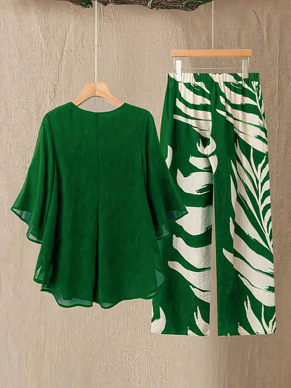 Plus Size - Plus Size - 2pcs Plus Size Women Set: Chiffon Batwing Sleeve Top And Plant Print Long Pants