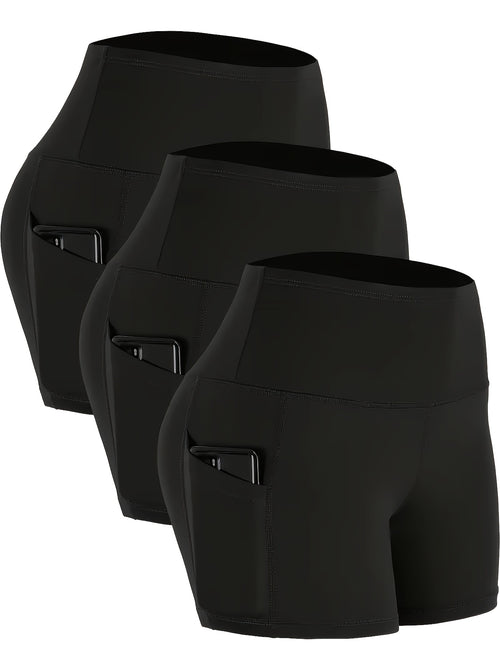 Set of 3 High-Waisted Sports Shorts for Women, Ideal for Yoga, Fitness, And Running, Featuring Pockets