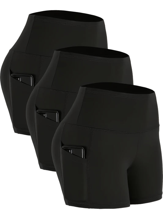 Set of 3 High-Waisted Sports Shorts for Women, Ideal for Yoga, Fitness, And Running, Featuring Pockets