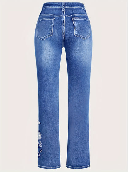 Women's Plus Size Light Blue Solid Denim Jeans - Side Ankle Floral Embroidery Whiskered Flared Legs High-Waisted Medium Stretch - Elegant Comfort Date Night Outing Plus Size Denim