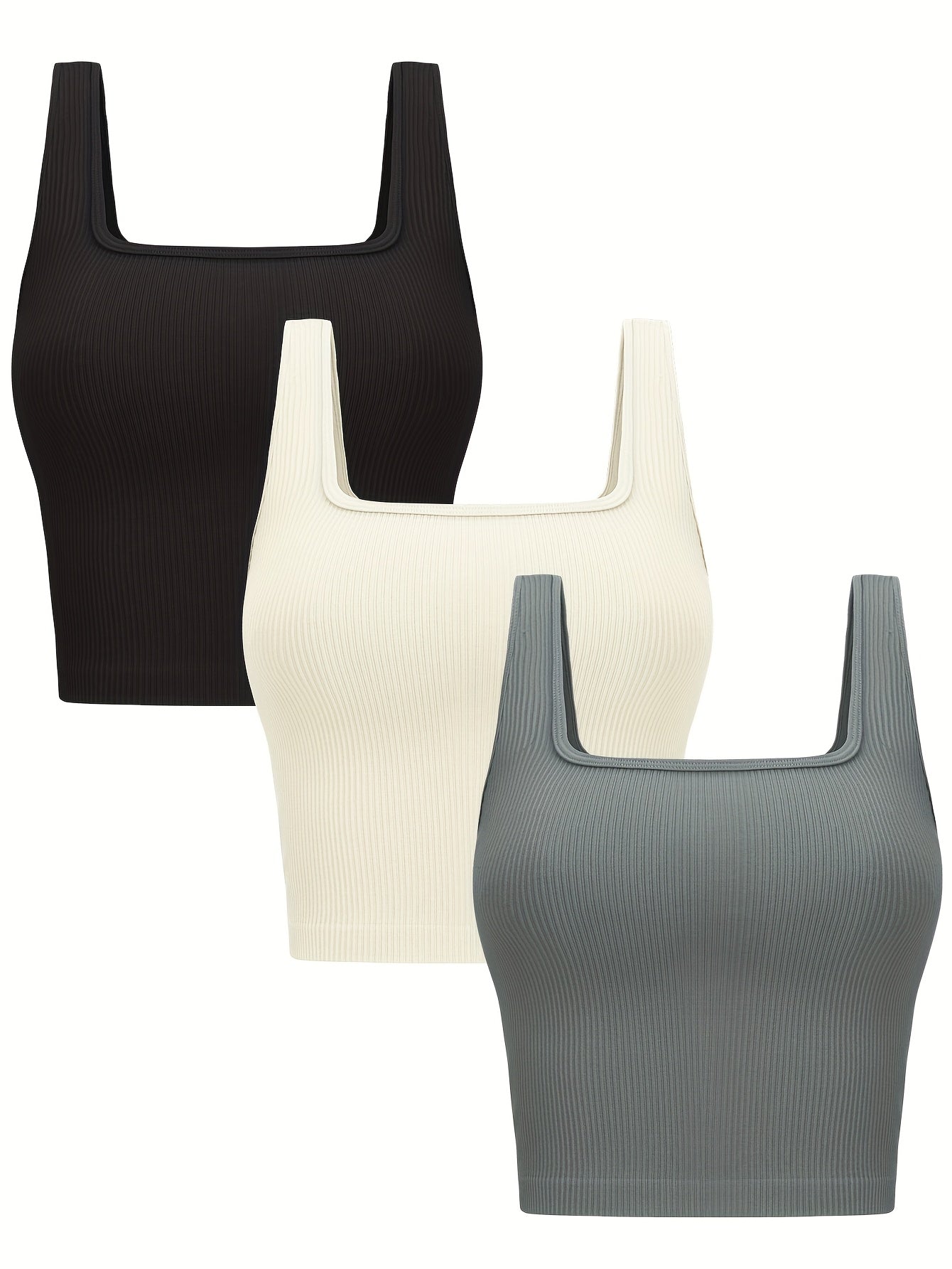 Set of Three Women'S Crop Tank Tops, Featuring a Seamless Ribbed Design, Sleeveless Square Neck, Perfect for Summer Workouts, And