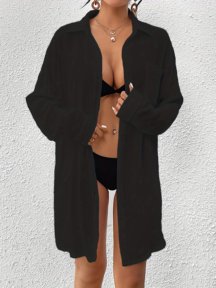 Women's Plus Size Beach Cover-Up Shirt, Casual Style Long Sleeve Swimwear, Solid Color Cardigan for Seaside Vacation