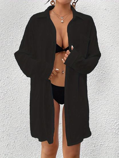 Women's Plus Size Beach Cover-Up Shirt, Casual Style Long Sleeve Swimwear, Solid Color Cardigan for Seaside Vacation