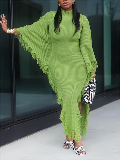 Gifts for Her, Fringe Trim Sweater Dress for Women, Batwing Long Sleeve High Neck Maxi Dress with Asymmetrical Hem, Sexy And Chic Style, for Fall Winter