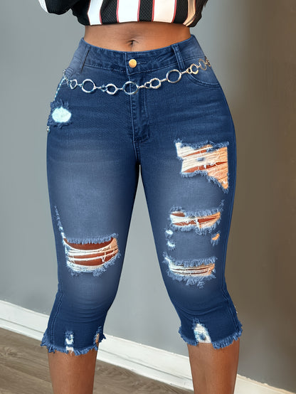 Women Fashion Casual Ripped Capri Jeans Slim Fit Stretchy Denim Pants Classic Raw Hem Denim Three Quarter Pants