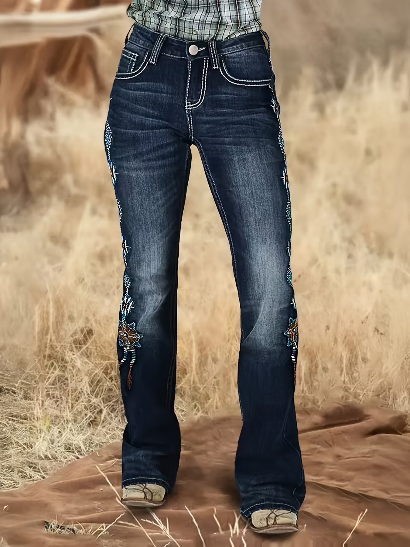 Women's Stretch Denim Flare Jeans - Mid-Rise Bell Bottoms with Floral & Geometric Embroidery, Machine Washable Blue Washed Fabric, Comfort Fit for Casual All-Season Wear, Relaxed Outfit, Breathable Fabric, Embroidered Pants, Adults