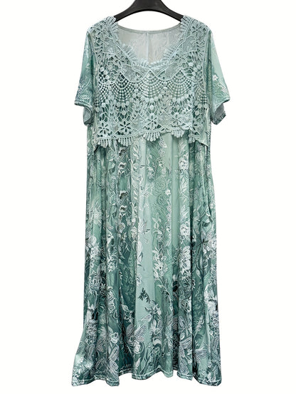 Plus Size Short Sleeve Midi Dress with Lace Neck And Flower Print