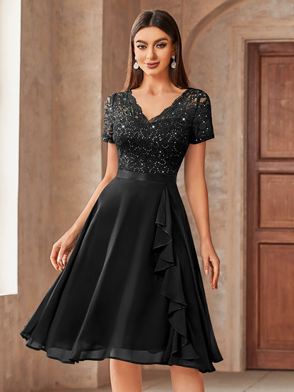 24224 Elegant Womens Sequin Lace Chiffon A Line Bridesmaid Dress, V Neck Short Sleeves, Ruched Ruffle Hem, Perfect for Graduation Season, Wedding Season, Summer Wedding Guest, Evening Party, Cruise Party And Birthday Celebration
